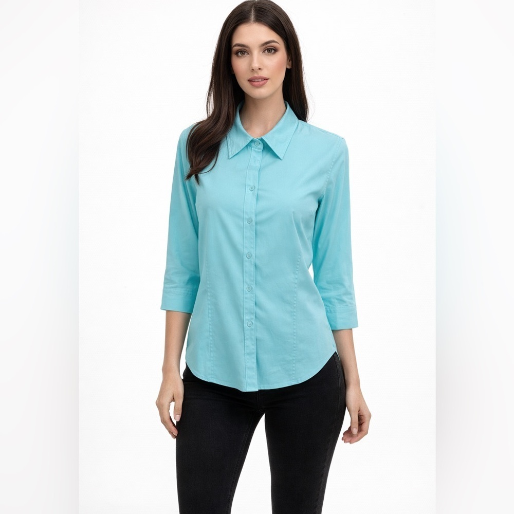 Style & Co Blouse 3/4 Sleeve Aqua Stretch Size 18 Button Up. See Descrip